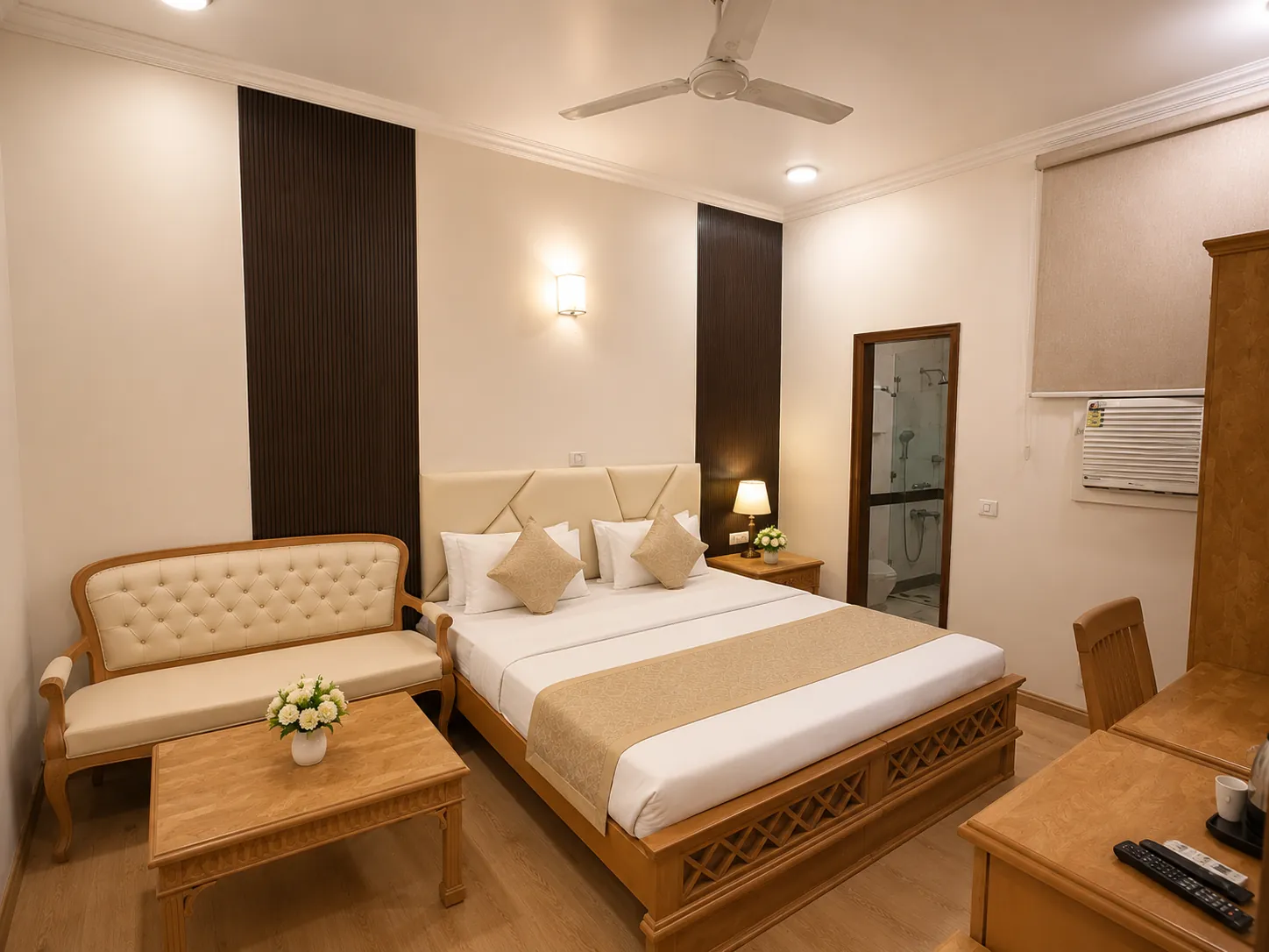 Hotel Ambica Palace — comfortable room with wardrobe and dressing table